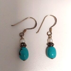 Beautiful sterling pearl and turquoise drop earrings EUC